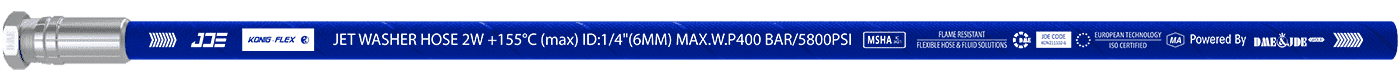 A JET Washer Hose 2W – 155 °C flexible hose is marked with the important information: brand, standard, sizes and part number.
