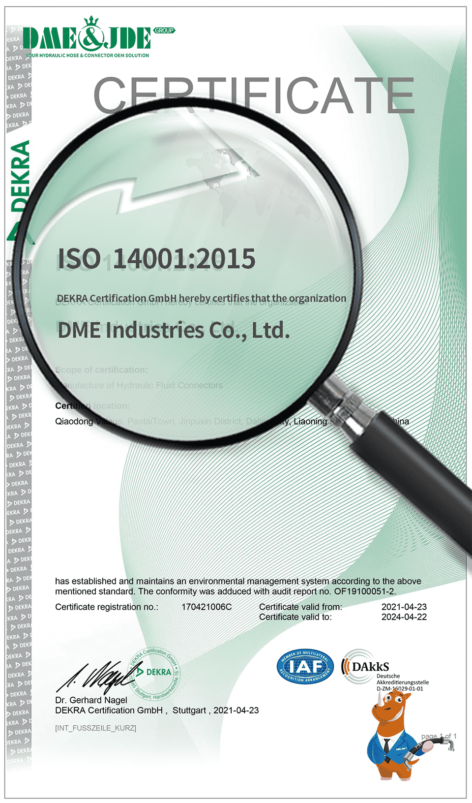 An ISO 14001 certification cover