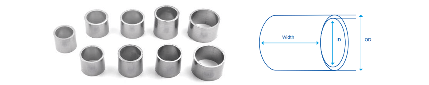 Several aluminum rings for nylon sleeve and its drawing on white background.