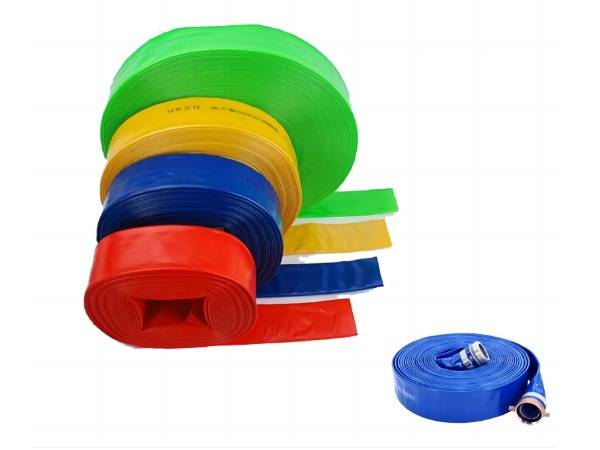 Five different colors of PVC High Pressure Layflat Hose on white background.