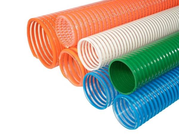 Several different colors of C type PVC suction hoses on white background.