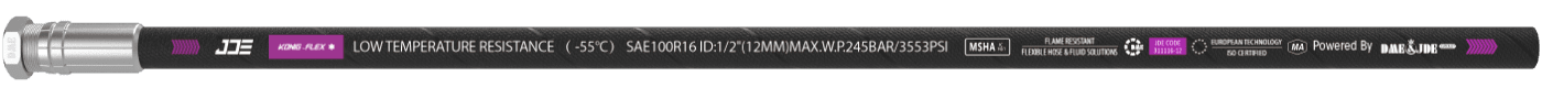 A SAE 100R16 flexible hose is marked with the important information: brand, standard, sizes and part number.