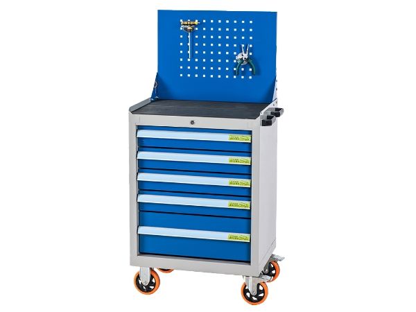 A tool cabinets with wheels is displayed.